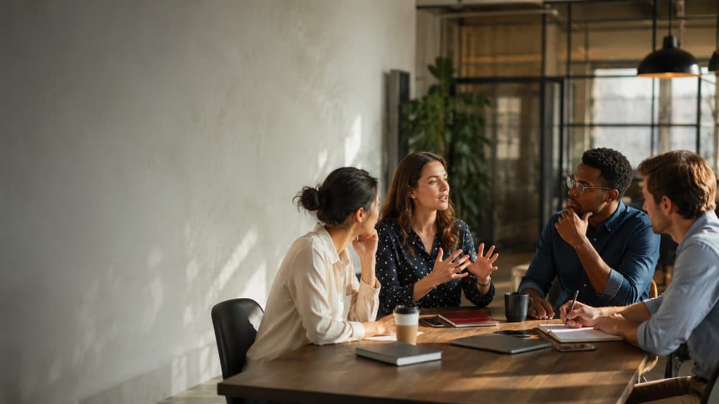 A diverse team in a collaborative workplace discussion.